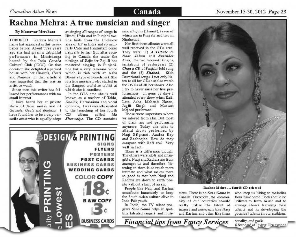Rachna Mehra Newspaper True musician  Toronto Canada