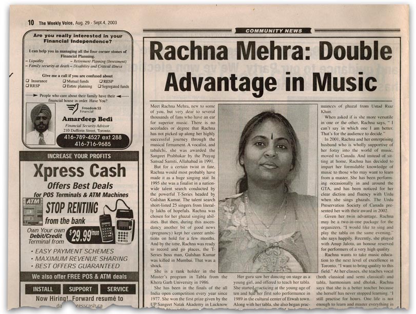 Rachna Mehra Newspaper weekly voice 2003  Toronto Canada